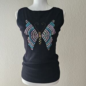Vintage Y2K Sweaterworks black sweater tank w/ sequin & beaded butterfly Size M